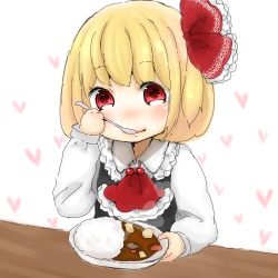 Rule 34 | 1girl, bad id, bad pixiv id, blonde hair, curry, eating, food, hair ribbon, heart, lowres, makimura megushii, red eyes, ribbon, rumia, short hair, solo, spoon, touhou, utensil in mouth