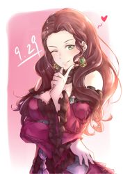 Rule 34 | breasts, brown hair, cleavage, closed mouth, dated, dorothea arnault, dress, earrings, fire emblem, fire emblem: three houses, green eyes, highres, jewelry, limitless skye, long hair, long sleeves, nintendo, one eye closed, smile, upper body
