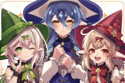 Rule 34 | 3girls, :d, black dress, blonde hair, blue dress, blue hair, blush, bow, clenched hands, commentary request, cosplay, dress, frown, genshin impact, gradient hair, green eyes, green hair, hair between eyes, hair bow, hand on own face, hat, highres, klee (blossoming starlight) (genshin impact), klee (genshin impact), klee (genshin impact) (cosplay), layla (genshin impact), long hair, multicolored hair, multiple girls, nahida (genshin impact), one eye closed, open mouth, pointy ears, red eyes, reia hana, sleeveless, sleeveless dress, smile, sparkle, star-shaped pupils, star (symbol), symbol-shaped pupils, teeth, twisted hair, two-tone hair, upper body, upper teeth only, vision (genshin impact), witch hat, wrist cuffs, yellow eyes