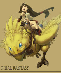 Rule 34 | 1990s (style), 1girl, achako (badendo), black hair, black socks, boots, chocobo, copyright name, covered erect nipples, earrings, elbow gloves, final fantasy, final fantasy vii, fingerless gloves, fingernails, gloves, happy, holster, jewelry, knees, legs, long hair, low-tied long hair, midriff, miniskirt, open mouth, pencil skirt, red eyes, retro artstyle, riding, shoes, shorts, sidesaddle, simple background, sitting, skirt, smile, socks, square enix, suspender skirt, suspenders, tank top, teeth, thigh holster, tifa lockhart, tongue, very long hair