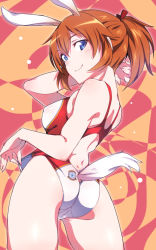 Rule 34 | 1girl, animal ears, ass, blue eyes, charlotte e. yeager, clothes pull, clothing cutout, cowboy shot, em (totsuzen no hakike), from below, legs apart, one-piece swimsuit, one-piece swimsuit pull, ponytail, rabbit ears, rabbit girl, rabbit tail, red hair, red one-piece swimsuit, smile, solo, strike witches, swimsuit, tail, tail through clothes, thighs, world witches series