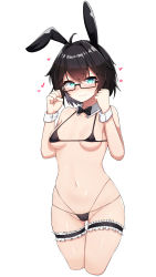 Rule 34 | 1girl, 5danny1206, absurdres, ahoge, animal ears, bare shoulders, bikini, black-framed eyewear, black bikini, black hair, blue eyes, bow, bowtie, breasts, rabbit ears, cameltoe, clenched hands, closed mouth, cropped legs, detached collar, embarrassed, glasses, groin, hands up, heart, highres, bridal garter, looking at viewer, micro bikini, multi-strapped bikini, navel, original, semi-rimless eyewear, short hair, simple background, skindentation, small breasts, solo, stomach, string bikini, swimsuit, thighs, under-rim eyewear, white background, wrist cuffs