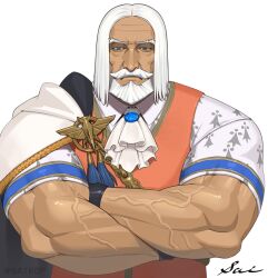 Rule 34 | 1boy, ascot, bara, beard, black gloves, blue eyes, brooch, cape, crossed arms, dark-skinned male, dark skin, facial hair, gloves, highres, jewelry, jp (street fighter), large pectorals, long hair, looking at viewer, male focus, mature male, muscular, muscular male, mustache, old, old man, orange vest, parted hair, pectorals, print shirt, sa1k0p, shirt, side cape, solo, straight-on, street fighter, street fighter 6, thick eyebrows, thick mustache, upper body, veins, vest, white background, white hair
