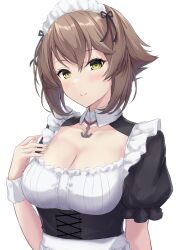 Rule 34 | 1girl, absurdres, alternate costume, blush, breasts, brown hair, cleavage, closed mouth, collarbone, enmaided, green eyes, hair between eyes, highres, kantai collection, large breasts, looking at viewer, maid, maid headdress, monoku, mutsu (kancolle), short hair, short sleeves, simple background, smile, solo, upper body, white background, wrist cuffs