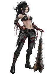 Rule 34 | 1girl, armor, bare shoulders, belt, black footwear, black hair, boots, chain, clenched teeth, club, club (weapon), copyright request, dark-skinned female, dark skin, earrings, elbow pads, fingernails, fishnets, gem, green eyes, grey background, hair over one eye, hand on hilt, hand on own hip, hanekura bou, highres, horns, jewelry, lipstick, long fingernails, long hair, makeup, nail polish, navel, o-ring, official art, oni, pointy ears, ponytail, purple gemstone, purple horns, purple lips, red nails, sharp fingernails, simple background, single horn, skin-covered horns, smile, solo, spiked armor, spiked club, spikes, standing, teeth, vambraces, weapon, white background