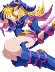 Rule 34 | 1girl, bare shoulders, blonde hair, blue footwear, blue hat, blush stickers, breasts, cleavage, dark magician girl, duel monster, green eyes, hat, highres, holding, holding wand, large breasts, long hair, looking at viewer, mandei (nao 1234567), solo, wand, white background, wizard hat, yu-gi-oh!, yu-gi-oh! duel monsters