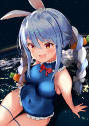 Rule 34 | 1girl, animal ear fluff, animal ears, blue hair, blue one-piece swimsuit, braid, breasts, carrot, carrot hair ornament, cloud, cosplay, covered navel, dead or alive, eyebrows, food-themed hair ornament, hair ornament, highres, hololive, long hair, marie rose, marie rose (cosplay), multicolored hair, neko usagi (nekousagi jpn), one-piece swimsuit, open mouth, outdoors, rabbit ears, rabbit girl, red eyes, sitting, sky, small breasts, smile, solo, star (sky), starry sky, swimsuit, thigh gap, thigh strap, thighs, twin braids, twintails, two-tone hair, usada pekora, virtual youtuber, white hair