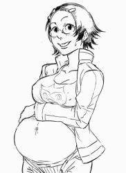 Rule 34 | 1girl, bad id, bb (baalbuddy), breasts, capcom, cleavage, glasses, greyscale, ace attorney, hair ornament, hairclip, inactive account, jacket, large breasts, monochrome, open clothes, open jacket, pregnant, short hair, smile, maggey byrde, tank top