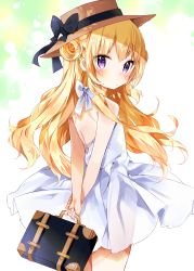 Rule 34 | 1girl, arms behind back, bare shoulders, black bow, blonde hair, blush, bow, brown hat, closed mouth, dress, hair between eyes, hair bun, hat, hat bow, highres, holding, long hair, looking at viewer, looking to the side, original, purple eyes, side bun, single side bun, sleeveless, sleeveless dress, solo, standing, suitcase, toma tokage, very long hair, white bow, white dress