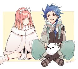Rule 34 | 1boy, 1girl, aged down, blue hair, boots, braid, coat, commentary request, cu chulainn (fate), cu chulainn (fate/stay night), dog, elbow gloves, fate/grand order, fate/grand order arcade, fate (series), fur coat, gloves, hanagata, indian style, looking at another, medb (fate), pink eyes, pink hair, red eyes, sandals, setanta (fate), simple background, sitting, smile, spiked hair, tiara, white background