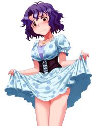 Rule 34 | 1girl, blush, breasts, closed mouth, collarbone, corset, dress, idolmaster, idolmaster million live!, jewelry, large breasts, necklace, purple hair, run p (aveton), short hair, skirt hold, solo, standing, sweatdrop, thighs, toyokawa fuka, wavy mouth