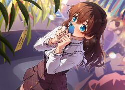 Rule 34 | 1girl, black thighhighs, blue eyes, blush, bow hairband, bracelet, brown hair, brown skirt, closed mouth, commentary, covering own mouth, dutch angle, earrings, frown, hairband, highres, holding, holding paper, idolmaster, idolmaster million live!, jewelry, kamille (vcx68), long hair, looking at viewer, nose blush, omikuji, outdoors, paper, people, pov, pov hands, revision, satake minako, shirt, skirt, solo focus, standing, tanabata, thighhighs, white shirt