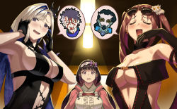 Rule 34 | 2boys, 3girls, bare shoulders, beppu mitsunaka, black dress, blood, blood on face, blue hair, blush, breasts, brown hair, brynhildr (fate), brynhildr (swimsuit berserker) (fate), brynhildr (swimsuit berserker) (second ascension) (fate), center opening, cleavage, cloak, closed eyes, collarbone, dress, eyewear on head, fate/grand order, fate (series), glasses, grin, hair ornament, highres, hood, hooded cloak, large breasts, long hair, looking at viewer, multicolored hair, multiple boys, multiple girls, open mouth, osakabehime (fate), pink cloak, purple eyes, ribbon-trimmed dress, sigurd (fate), sigurd (memories with my lover) (fate), silver hair, smile, sunglasses, two-tone hair, very long hair, xiang yu (fate), yu mei-ren (fate), yu mei-ren (swimsuit lancer) (fate)