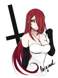 Rule 34 | 1girl, bare shoulders, breasts, cleavage, cross, cross necklace, female focus, gloves, hair over one eye, inverted cross, jewelry, large breasts, long hair, necklace, nightcreepmax, parasoul (skullgirls), red hair, skullgirls, solo, tagme, upper body, yellow eyes