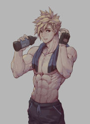 Rule 34 | 1boy, black gloves, black shorts, blonde hair, blue towel, blush, bottle, chinese commentary, commentary request, cowboy shot, earrings, eyes visible through hair, fingerless gloves, gloves, grey background, hair ornament, hairpin, highres, holding, holding bottle, jewelry, jokerpang, looking to the side, male focus, muscular, muscular male, original, parted lips, pectorals, red eyes, short hair, shorts, simple background, solo, spiked hair, standing, topless male, towel, towel around neck