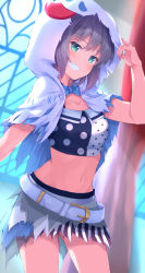 Rule 34 | 1girl, :d, aoba moca, aqua eyes, arm up, bang dream!, belt, belt buckle, blue bow, blue bowtie, blurry, blurry background, bow, bowtie, breasts, buckle, collarbone, commentary request, cowboy shot, crop top, curtains, depth of field, grin, hood, hood up, indoors, kurai masaru, layered skirt, looking at viewer, miniskirt, navel, open mouth, polka dot, purple hair, see-through, short hair, skirt, small breasts, smile, solo, stomach, striped, teeth, torn clothes, torn skirt, vertical stripes, window