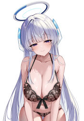 Rule 34 | 1girl, absurdres, black bra, black panties, blue archive, blush, bra, breasts, cleavage, closed mouth, collarbone, cowboy shot, grey hair, halo, highres, large breasts, long hair, looking at viewer, mechanical halo, noa (blue archive), panties, purple eyes, simple background, smile, solo, underwear, underwear only, white background, ya ta