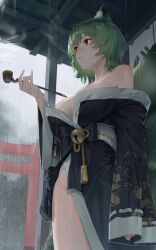 Rule 34 | 1girl, absurdres, animal ear fluff, animal ears, bare shoulders, breasts, cleavage, goback, green hair, highres, holding, holding smoking pipe, japanese clothes, kimono, kimono pull, large breasts, looking ahead, original, rain, red eyes, smoking pipe, solo, water drop