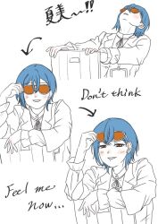 Rule 34 | 1girl, :d, adjusting eyewear, arrow (symbol), bee (j2ooeah1yk5bv49), blue hair, blush, commentary request, earrings, english text, formal, grin, hand on chair, jewelry, leaning back, long sleeves, looking at viewer, love live!, love live! superstar!!, mixed-language text, multiple views, neck ribbon, on chair, ookuma wakana, open mouth, orange-tinted eyewear, partially colored, ribbon, scene reference, shirt, short hair, simple background, single sidelock, sitting, smile, stud earrings, suit, sunglasses, tinted eyewear, translation request, voice actor connection, wakana shiki, white background
