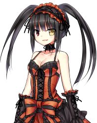 Rule 34 | 10s, 1girl, black hair, breasts, cleavage, clock, date a live, gloves, hairband, heterochromia, highres, lolita hairband, long hair, looking at viewer, medium breasts, red eyes, sigemi, smile, solo, symbol-shaped pupils, tokisaki kurumi, transparent background, twintails, white background, yellow eyes