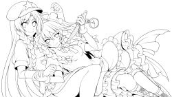 Rule 34 | 2girls, apron, boots, braid, clenched hand, cross-laced footwear, dress, eichi yuu, gloves, greyscale, hat, holding another&#039;s wrist, hong meiling, izayoi sakuya, knife, leaning on person, lineart, long hair, looking at viewer, maid, maid headdress, monochrome, multiple girls, pocket watch, puffy short sleeves, puffy sleeves, sheath, short hair, short sleeves, silver hair, sitting, skirt, smile, star (symbol), touhou, transparent background, twin braids, very long hair, vest, waist apron, watch, wrist wrap