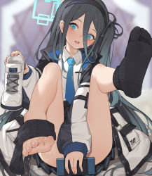 Rule 34 | 1girl, absurdres, aris (blue archive), barefoot, black hair, black socks, blue archive, blue eyes, feet, hairband, highres, holding, holding shoes, long hair, looking at viewer, necktie, open mouth, ringed eyes, shoes, unworn shoes, single shoe, socks, unworn socks, soles, steam, sweat, toes, xssh