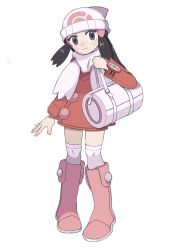 Rule 34 | 1girl, bad id, bad twitter id, bag, beanie, black hair, boots, closed mouth, coat, commentary request, creatures (company), dawn (pokemon), duffel bag, full body, game freak, gogot, grey eyes, hair ornament, hairclip, hand up, hat, highres, long hair, long sleeves, looking at viewer, nintendo, over-kneehighs, pink footwear, pokemon, pokemon dppt, pokemon platinum, red coat, scarf, simple background, smile, solo, thighhighs, white background, white bag, white hat, white scarf