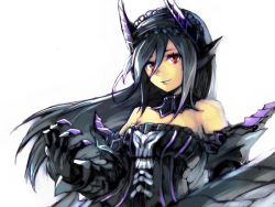 Rule 34 | 1girl, bare shoulders, black dress, black hair, claws, closed mouth, commentary request, detached collar, dress, floating hair, gore magala, gothic lolita, hair between eyes, hairband, horns, hungry clicker, lolita fashion, looking at viewer, monster hunter (series), personification, red eyes, simple background, smile, solo, upper body, white background