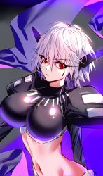 Rule 34 | 1girl, artist request, breasts, curvy, highres, houshin engi, large breasts, looking at viewer, ou kijin, red eyes, short hair, simple background, solo, upper body, white hair