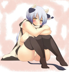 Rule 34 | 1girl, animal ears, bare shoulders, bikini, bikini top only, black thighhighs, blue hair, bottomless, breasts, cape, character request, cow ears, cow girl, cow horns, cow tail, female focus, highres, horns, hotaru-mia, huge breasts, long hair, looking at viewer, mimisuke (mim&#039;im), on ground, original, pussy, sitting, solo, swimsuit, tail, thighhighs, uncensored, wide hips, yellow eyes