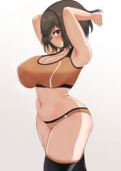 Rule 34 | 1girl, armpits, arms up, ass, belly, black eyes, black hair, black thighhighs, blush, breasts, cleavage, collarbone, commentary request, curvy, highres, large breasts, looking at viewer, navel, orange sports bra, original, plump, sho (wnmf3234), short hair, simple background, solo, sports bikini, sports bra, standing, stomach, thighhighs, thighs, white background