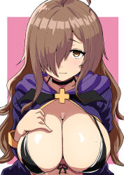 Rule 34 | 1girl, absurdres, ahoge, bikini, bikini under clothes, black bikini, black choker, blush, border, breast suppress, breasts, brown eyes, brown hair, choker, cleavage, closed mouth, commentary, eyebrows hidden by hair, eyelashes, front-tie bikini top, front-tie top, hair over one eye, halterneck, hand up, heart, heart-shaped pupils, highres, huge breasts, kono subarashii sekai ni shukufuku wo!, long bangs, long hair, looking at viewer, one eye covered, open clothes, open robe, outside border, pink background, purple robe, robe, shiny skin, simple background, smile, solo, straight-on, suberaku, sweat, swimsuit, symbol-shaped pupils, tsurime, upper body, very long hair, wavy hair, white border, wiz (konosuba)