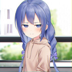 Rule 34 | 1girl, absurdres, ahoge, blue bow, blue eyes, blue hair, blurry, blurry background, blush, bow, braid, brown hoodie, closed mouth, depth of field, drawstring, hair bow, half-closed eyes, highres, hood, hood down, hoodie, indoors, long hair, looking at viewer, low twintails, nijisanji, solo, striped, striped bow, twin braids, twintails, upper body, very long hair, virtual youtuber, window, yotsugi, yuuki chihiro