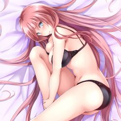 Rule 34 | 1girl, bare arms, bare legs, bare shoulders, barefoot, bed sheet, bit (keikou syrup), black bra, black panties, blue eyes, blush, bra, breasts, closed mouth, commentary request, eyelashes, from above, highres, knee to chest, knee up, lace, lace-trimmed bra, lace-trimmed panties, lace trim, large breasts, lips, long hair, looking at viewer, looking away, lying, megurine luka, on bed, on side, panties, pink hair, pink lips, solo, underwear, underwear only, very long hair, vocaloid