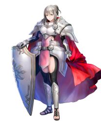 Rule 34 | 1girl, alternate costume, armor, asatani tomoyo, bodysuit, bodysuit under clothes, breastplate, cape, dress, effie (fire emblem), fire emblem, fire emblem fates, fire emblem heroes, full body, gauntlets, green eyes, grey hair, hair bun, highres, holding, lips, looking at viewer, nintendo, non-web source, official art, parted lips, pelvic curtain, red cape, sandals, shield, short dress, shoulder armor, single hair bun, smile, solo, standing, toeless footwear, toes, transparent background