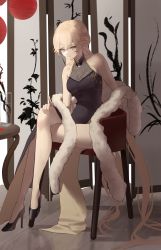 Rule 34 | 1girl, bare legs, bare shoulders, black dress, black footwear, blonde hair, breasts, chair, china dress, chinese clothes, closed mouth, covered navel, crossed legs, cup, dress, floor, flower, full body, fur, girls&#039; frontline, hand on own knee, high heels, highres, legs, long hair, looking at viewer, medium breasts, official alternate costume, ots-14 (girls&#039; frontline), ots-14 (sangria succulent) (girls&#039; frontline), petals, saturndxy, simple background, sitting, smirk, solo, table, teacup, teapot, vase, very long hair, yellow eyes