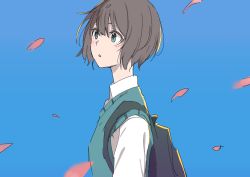 Rule 34 | 1girl, :o, backpack, bag, blue background, blush, brown hair, from side, green eyes, green vest, highres, long sleeves, musshu (omu001), original, parted lips, petals, shirt, short hair, simple background, solo, upper body, vest, white shirt, wing collar