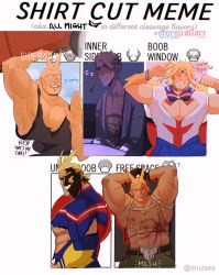 Rule 34 | 1boy, abs, all might, arm behind back, armpits, belt, biceps, blonde hair, blue eyes, blush, bodysuit, boku no hero academia, closed eyes, diadem, fang, fishnets, highres, large pectorals, leather, leather belt, looking at viewer, male focus, manly, mature male, meme, multiple drawing challenge, muscular, muscular male, nipple piercing, nipples, open mouth, pants, pectorals, piercing, ribbon, scar, scar on arm, scar on stomach, school uniform, shirt cut meme, shirt cut meme, sleepy, solo, spiked hair, stormcallart, tank top, teeth, thick arms, tight clothes, torn clothes, twitter username, uniform