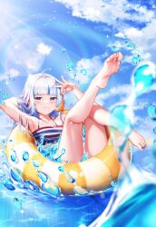 Rule 34 | 1girl, ahoge, arm up, armpits, barefoot, bikini, blue eyes, blue nails, blue sky, blunt bangs, blurry, blurry foreground, blush, closed mouth, cloud, cloudy sky, collarbone, commentary, day, ebi-chan (gawr gura), english commentary, feet, fins, fish tail, flat chest, frills, gawr gura, grey hair, hand up, highres, holding, hololive, hololive english, innertube, knee up, koukie, leg up, legs, lens flare, long hair, looking at viewer, multicolored hair, nail polish, outdoors, shark girl, shark tail, shiny skin, shrimp, sky, smile, soles, solo, streaked hair, striped bikini, striped clothes, swim ring, swimsuit, tail, toenail polish, toenails, toes, virtual youtuber, water