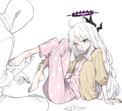 Rule 34 | 1boy, 1girl, ahoge, applying pedicure, barefoot, blue archive, blush, breasts, cardigan, clipping toenails, demon horns, halo, highres, hina (blue archive), hina (pajamas) (blue archive), horns, long hair, long sleeves, multiple horns, pajamas, parted bangs, pink pajamas, purple eyes, simple background, small breasts, sweatdrop, toenails, urec, very long hair, white hair