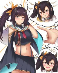 Rule 34 | +++, 1girl, :d, :t, adone (pluemza021), ahoge, aiguillette, azur lane, black gloves, black hair, black shirt, black skirt, blue sailor collar, blush, bow, breasts, closed mouth, clothing cutout, collar, collared shirt, commentary request, cowboy shot, crop top, emphasis lines, fang, gloves, groin, hair between eyes, hair bow, hair ornament, hand in own hair, hand up, highres, horns, isuzu (azur lane), isuzu (retrofit) (azur lane), long hair, long sleeves, looking at viewer, medium breasts, midriff, navel, notice lines, open mouth, pleated skirt, pointing, pointy ears, pov, pov hands, purple hair, red eyes, red neckwear, retrofit (azur lane), ribbon, sailor collar, shirt, shoulder cutout, side ponytail, sidelocks, simple background, skirt, sleeves past fingers, sleeves past wrists, smile, spoken character, standing, suspender skirt, suspenders, sweat, tearing up, white background, white shirt, wide sleeves