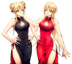 Rule 34 | 2girls, alpha signature, black dress, blonde hair, breasts, china dress, chinese clothes, cleavage, cleavage cutout, clone, closed mouth, clothing cutout, collared dress, commentary request, crossed arms, dress, dual persona, eye contact, facing viewer, genderswap, genderswap (mtf), hair between eyes, hair ornament, hands on own hips, holding, izumi kouhei, large breasts, long hair, looking at another, multiple girls, parted lips, pepper fever, red dress, sidelocks, signature, simple background, sleeveless, sleeveless dress, smile, standing, white background, world trigger, yellow eyes