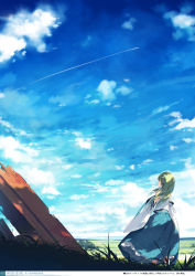 Rule 34 | 1girl, absurdres, bare shoulders, blue skirt, blue sky, cloud, contrail, day, detached sleeves, field, frog hair ornament, from behind, grass, green eyes, green hair, hair ornament, hair tubes, highres, horizon, japanese clothes, ke-ta, kochiya sanae, long hair, long skirt, long sleeves, looking at viewer, looking back, looking to the side, miko, non-web source, outdoors, profile, shirt, skirt, sky, snake hair ornament, solo, standing, touhou, translation request, wide sleeves