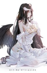 Rule 34 | 1girl, albedo (overlord), artist name, bare shoulders, between legs, black hair, black wings, breasts, brown eyes, brown footwear, cleavage, closed mouth, commentary, dress, elbow gloves, erospanda, feathered wings, gloves, groin, hand between legs, hand up, high heel sandals, high heels, highres, horns, large breasts, long hair, md5 mismatch, overlord (maruyama), profile, resolution mismatch, sandals, shoes, simple background, sitting, solo, source larger, very long hair, wariza, white background, white dress, white gloves, wings
