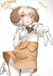 Rule 34 | 10s, 1girl, ;p, alternate costume, bad id, bad twitter id, blush, brown neckwear, brown skirt, buttons, character name, collared shirt, employee uniform, fast food uniform, finger to own chin, foreshortening, gloves, highres, horizontal pupils, horns, japarichips (artist), kemono friends, leg up, looking at viewer, lotteria, one eye closed, pantyhose, reaching, reaching towards viewer, sheep (kemono friends), sheep horns, shirt, short hair, short sleeves, simple background, skirt, solo, tongue, tongue out, uniform, v, white background, white footwear, white gloves, white hair, white pantyhose, white shirt, yellow eyes