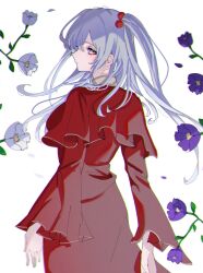 Rule 34 | 1girl, capelet, closed mouth, commentary, dress, flower, grey eyes, grey hair, hair bobbles, hair ornament, hat iue, highres, long hair, long sleeves, looking at viewer, looking back, one side up, purple flower, red capelet, red dress, shinki (touhou), simple background, touhou, touhou (pc-98), white background, white flower