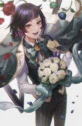 1boy androgynous black_hair bouquet bow fangs flower formal highres lilia_vanrouge looking_at_viewer meg_mumu multicolored_hair necktie pale_skin pink_hair pointy_ears red_eyes rose twisted_wonderland