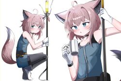 Rule 34 | 1girl, absurdres, ahoge, animal ear fluff, animal ears, arknights, armpits, bare shoulders, black pantyhose, blue dress, blue eyes, blush, brown hair, closed mouth, commentary request, cup, dress, fox ears, fox girl, fox tail, gloves, hair between eyes, hair intakes, highres, holding, holding cup, mug, multiple views, pantyhose, parted lips, shadow, shoes, simple background, spam (spamham4506), squatting, sussurro (arknights), sweat, tail, tiptoes, white background, white footwear, white gloves