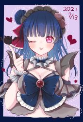 Rule 34 | 1girl, ;), ;p, absurdres, artist name, artist request, black hairband, blue bow, blue hair, blush, bow, bowtie, breasts, cleavage, criss-cross halter, detached collar, diamond (gemstone), dress, female focus, frilled dress, frills, grey dress, hair bun, hair ornament, hairband, halterneck, heart, highres, jewelry, lolita hairband, long hair, looking at viewer, love live!, love live! sunshine!!, medium breasts, one eye closed, parted lips, pink eyes, pointing, pointing up, purple eyes, side bun, single hair bun, smile, solo, tongue, tongue out, tsushima yoshiko, upper body, white detached collar, white wrist cuffs, wrist cuffs