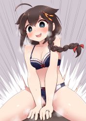 Rule 34 | 1girl, ahoge, black hair, blue bra, blue eyes, blue panties, bow, bow bra, bow panties, bra, braid, breasts, clothed sex, clothing aside, cowgirl position, female pubic hair, girl on top, hair flaps, hair ornament, hair over shoulder, highres, jewelry, kantai collection, medium breasts, navel, panties, panties aside, pubic hair, ring, sex, shigure (kancolle), simoyuki, single braid, solo focus, straddling, sweat, underwear, underwear only, wedding band